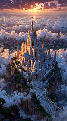 a castle in the clouds with stairs leading up to it's roof and towers