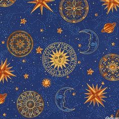 a blue background with gold stars and planets