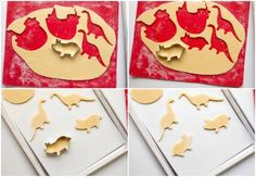 four pictures showing how to make dinosaur shaped cookies