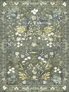 a green rug with flowers and leaves on the bottom, in front of a gray background