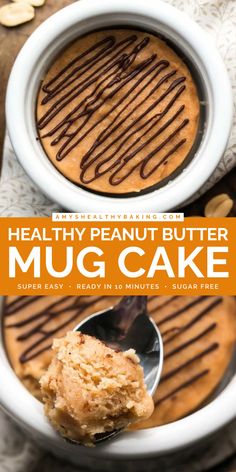 A Healthy Peanut Butter Mug Cake that's clean eating with a gluten free option! This simple healthy dessert made in the microwave is ready in just a few minutes. Tender and full of sweet flavor, this peanut butter cake in a mug is also a healthy snack recipe you'll surely love! Vegan Peanut Butter Mug Cake, Oat Mug Cake Microwave, Oat Mug Cake, Vegan Mug Cake, Peanut Butter Mug Cake, Dessert Mascarpone, Natural Desserts, Vegan Mug Cakes, Gf Treats