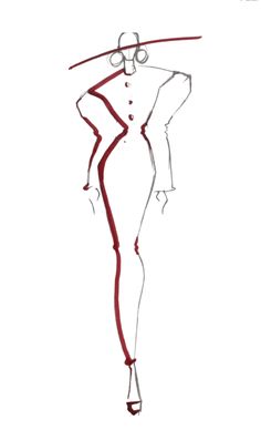 a drawing of a female figure with red lines on her body and legs, standing in front of a white background