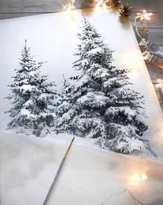 a christmas card with lights on it and a pine tree in the middle, surrounded by snow covered evergreen trees