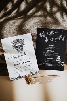 an image of wedding stationery with skull and roses on it for the day of the dead