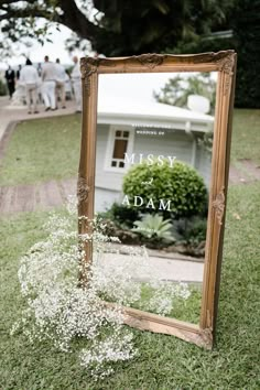 a mirror sitting on top of a grass covered field next to a white flower bush