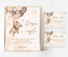 a teddy bear is flying in the sky with balloons on it's back and two other cards