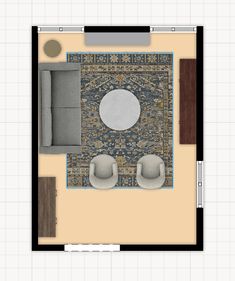 an overhead view of a living room with furniture and rugs on the floor,