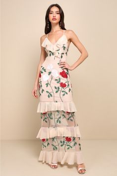 Follow your heart in the Lulus True to Heart Beige Floral Embroidered Ruffled Tiered Maxi Dress! Sheer mesh, decorated with ivory, red, and green floral embroidery, overlays this elegant maxi dress with a princess-seamed, surplice bodice supported by adjustable skinny straps that lace and tie atop an open back. Playful chiffon ruffles add flirty detail along the neckline and throughout the tiered maxi skirt. Hidden back zipper/clasp. Fit: This garment fits true to size. Length: Floor length. Size medium measures 53.5" from adjustable straps to hem. Bust: Works best for A to C cup sizes. Waist: Fitted - very fitted at natural waist. Hip: Not Fitted - fuller skirt allows room for hips. Undergarments: May be worn with a strapless bra, adhesive bra, petals, or no bra. Fabric: Fabric has some s Lulu Fashion, Tiered Maxi Skirt, Elegant Maxi Dress, Embroidered Maxi Dress, Follow Your Heart, Chiffon Ruffle, Tiered Maxi Dress, Unique Dresses, Princess Seam