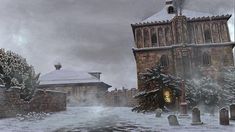 a painting of a church in the snow