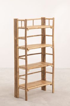 a wooden shelf with three shelves on each side