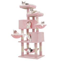 a pink cat tree with several cats on it's top and bottom levels, all in different positions