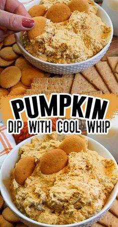 pumpkin dip with cool whip in a white bowl on top of crackers and grahams