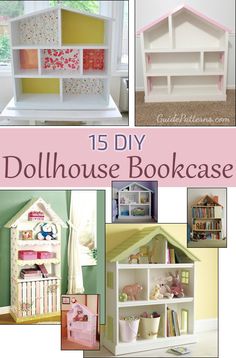 dollhouse bookcases with the words 15 diy dollhouse bookshelves