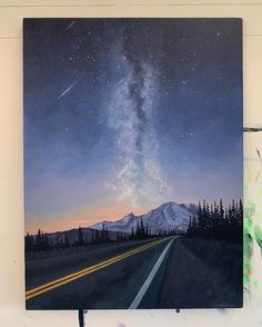 an acrylic painting of the night sky over a road