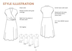 the front and back views of a women's dress, with instructions for how to sew