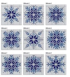 cross stitch snowflakes in blue and white are arranged on the same square pattern