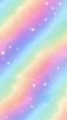 an abstract rainbow background with white stars and pastel blue, pink, green, yellow