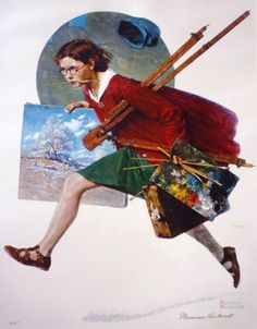 a painting of a woman carrying paintbrushes and an easel on her back