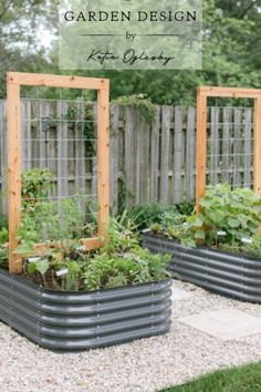 an outdoor garden with raised beds and trelliss