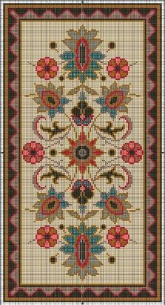 a cross stitch pattern with red, blue and green flowers on beige groundcloths