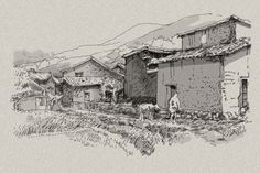 an ink drawing of a village in the mountains