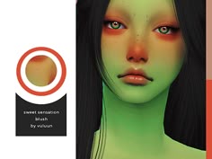 an animated image of a woman with green skin and orange eyes is featured in the ad