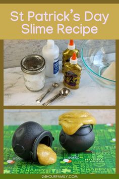 the ingredients for st patrick's day slime recipe are shown in this collage