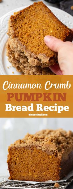 cinnamon crumb pumpkin bread recipe on a white plate