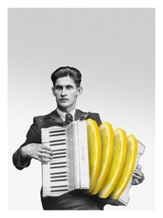 a man holding an accordion with slices of lemons on top of it in front of him