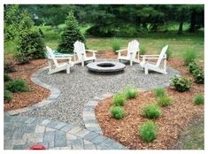 a fire pit surrounded by lawn chairs and trees