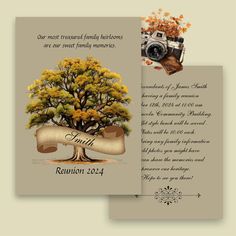 a wedding card with an image of a tree and camera on the front, which is printed