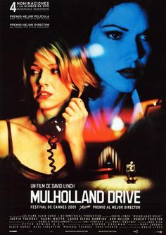 the movie poster for mulholand drive starring two women talking on telephones in front of a dark background