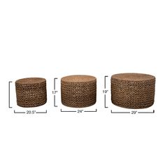 three different sizes of wicker baskets with measurements