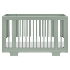 a green crib with white sheets on the bottom and side rails, against a white background