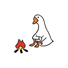 a duck sitting next to a campfire on top of a white surface with a red flame