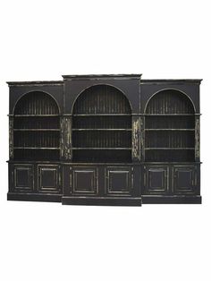 an old fashioned black bookcase with three doors and two shelves on each side, against a white background