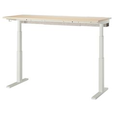 a white desk with a wooden top and two metal legs on the bottom, against a white background