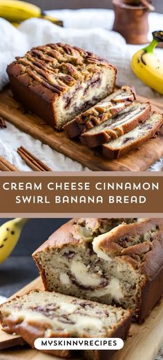 a loaf of cream cheese cinnamon swirl banana bread