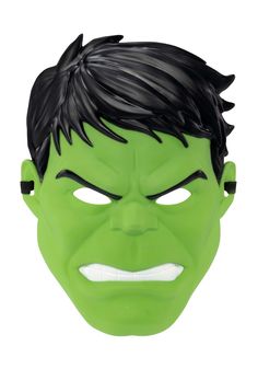 a green mask with black hair on it's face and eyes, as if for the incredible hulk