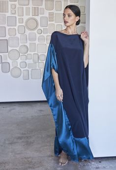 Navy and Teal Boatneck Silk Caftan - ocean+main Silk Caftan, Kaftan Designs, Long Kaftan, Mode Abaya, Silk Kaftan, Gauze Dress, By The Ocean, Caftan Dress