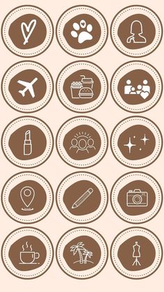 the different types of travel icons are shown in brown and white circles on a light pink background