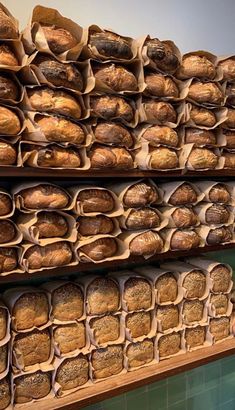 there are many breads on the shelves in this store