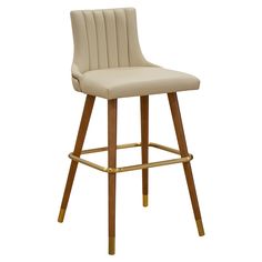 an upholstered bar stool with wooden legs and a beige leather seat, viewed from the front