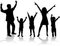 silhouettes of people with arms up and hands in the air, on a white background