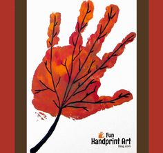 an orange leaf is shown in this handprint art project for kids to paint on