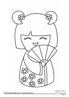 a drawing of a girl holding a fan with flowers in her hair and wearing a kimono