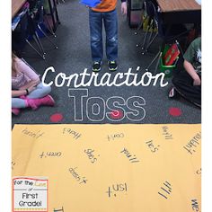 a child standing in front of a sign that says,'construction toes for the first grade classroom '