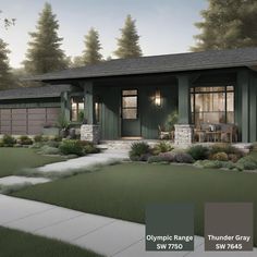 this is an artist's rendering of a house in the woods with green siding