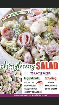 a christmas salad with broccoli, onions and cheese on it is featured in this postcard