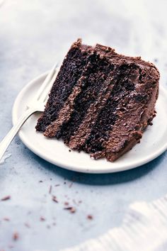 a piece of chocolate cake on a white plate